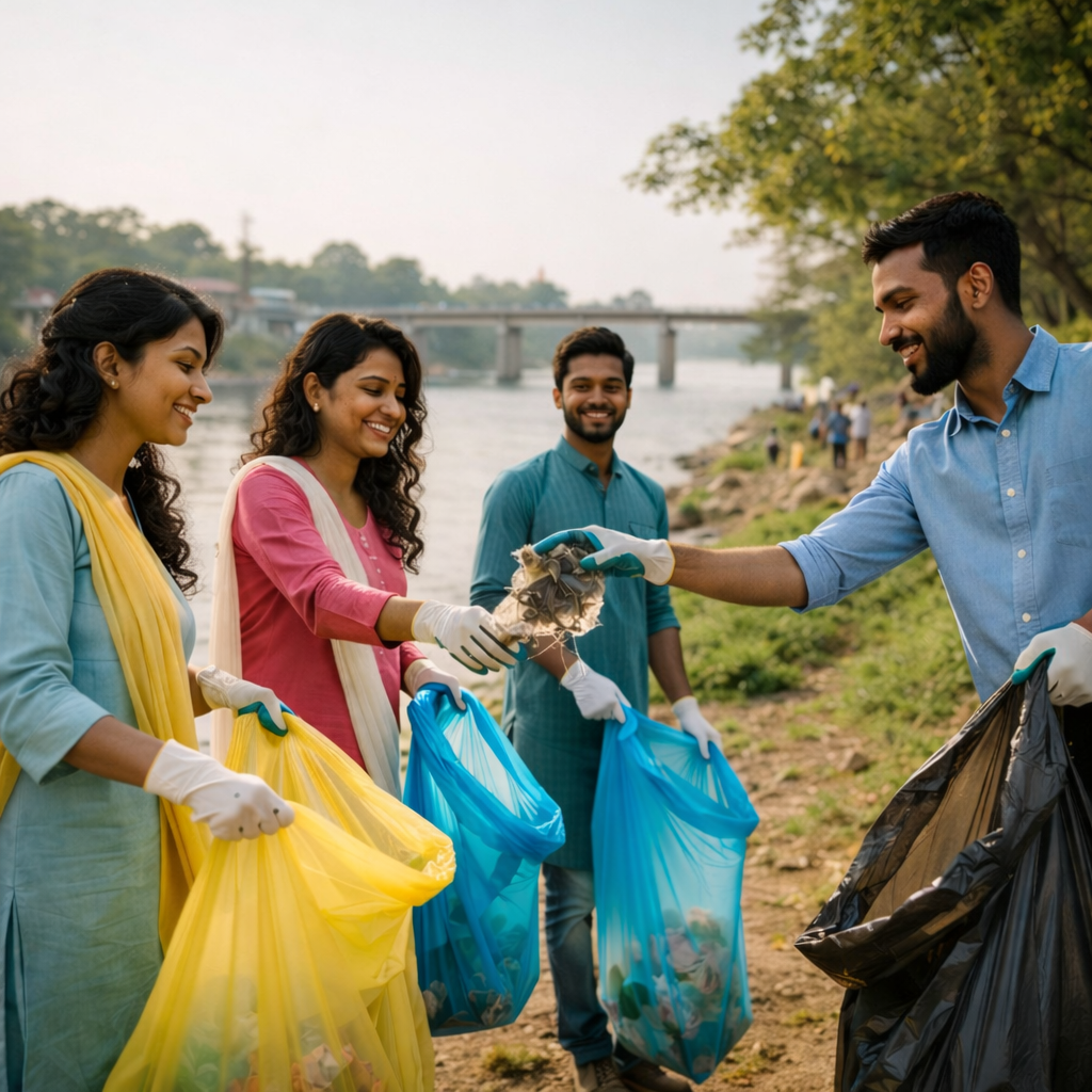 cleaning up by the riverbank