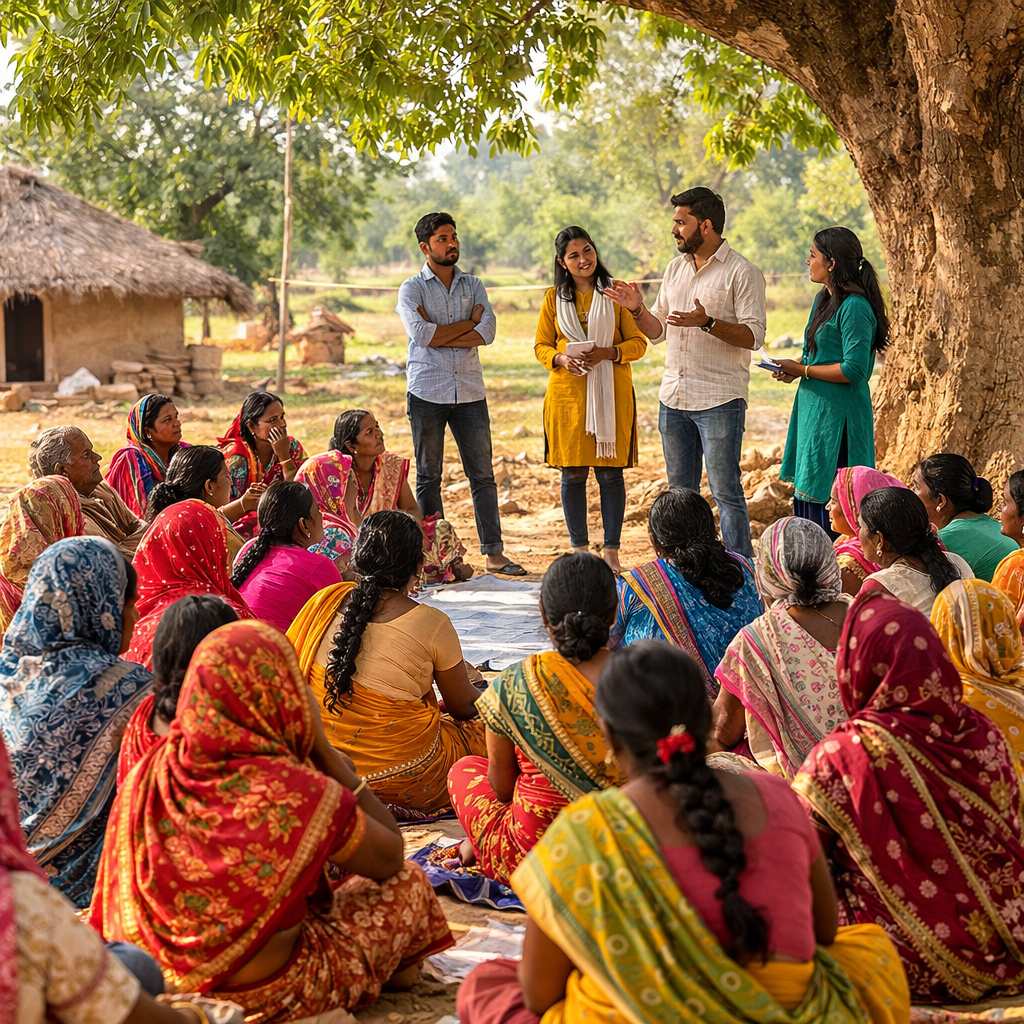 गाँव में समुदाय बैठक के दौरान शिक्षा